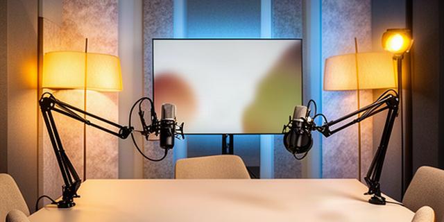 Set per podcast con microfoni, tavolo e luci calde in uno studio audiovisivo dell'Emilia-Romagna