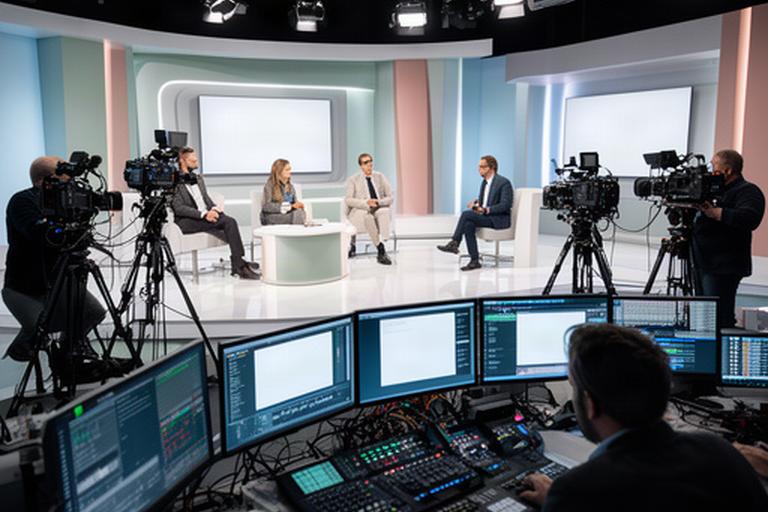 Regia di uno studio per evento aziendale con relatori, luci e monitor di controllo